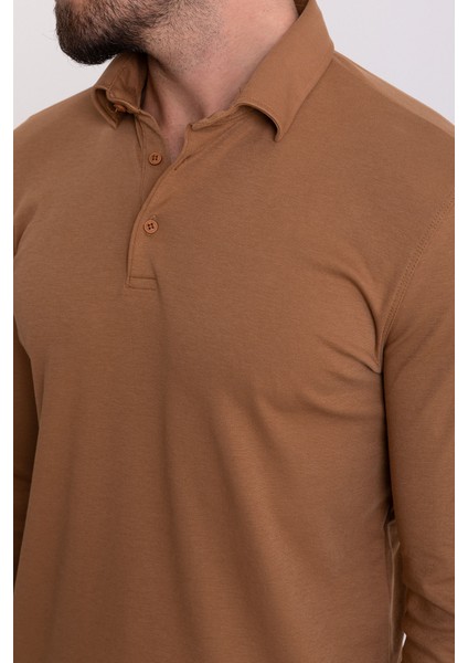 Düz Kamel Rengi Slim Fit Uzun Kollu Polo Yaka Erkek T-shirt fiyatları