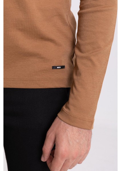 Düz Kamel Rengi Slim Fit Uzun Kollu Polo Yaka Erkek T-shirt modelleri