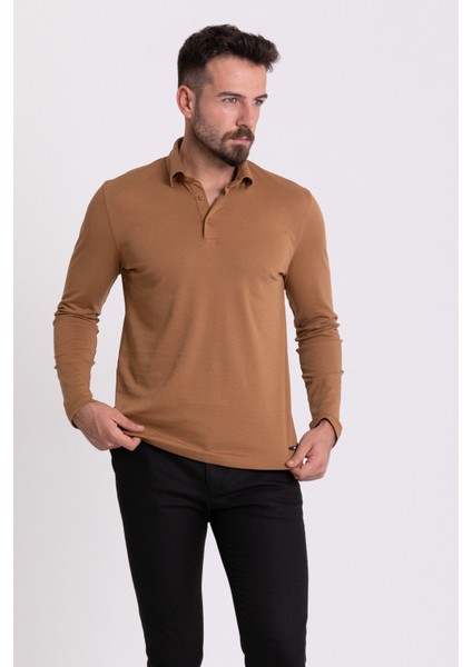 Düz Kamel Rengi Slim Fit Uzun Kollu Polo Yaka Erkek T-shirt fırsatları