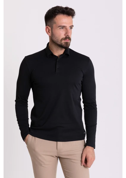 Düz Siyah Renk Slim Fit Uzun Kollu Polo Yaka Erkek T-Shirt