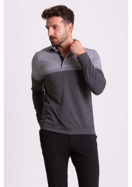 Çizgili Parçalı Siyah Renk Slim Fit Uzun Kollu Polo Yaka Erkek T-shirt fırsatları