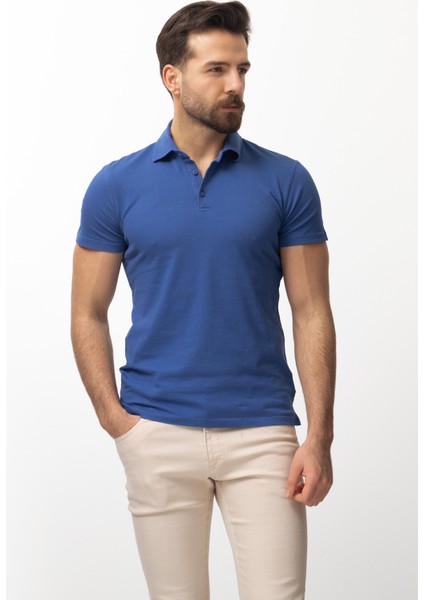 Duz Saks Rengi Slim Fit Polo Yaka Erkek T-shirt