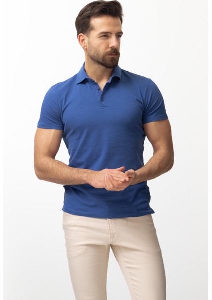 Duz Saks Rengi Slim Fit Polo Yaka Erkek T-shirt modelleri