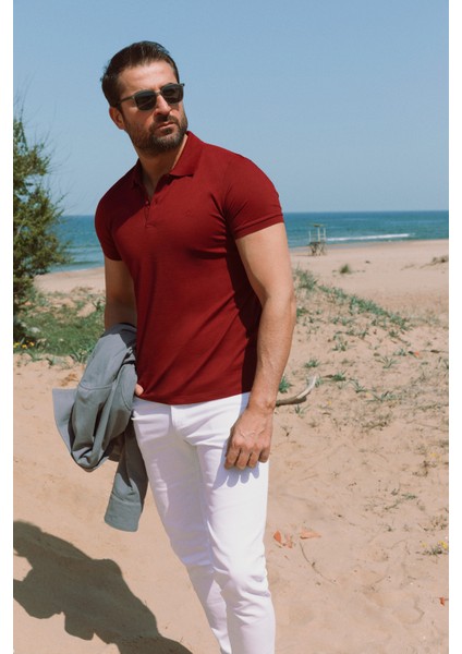 Düz Bordo Rengi Slim Fit Polo Yaka Basic Erkek T-Shirt