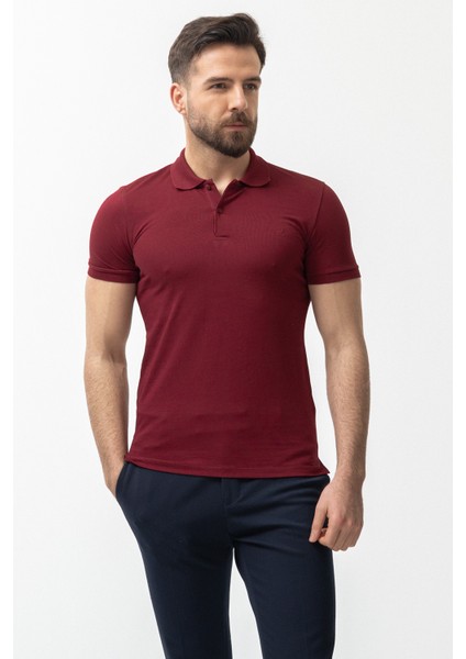 Düz Bordo Rengi Slim Fit Polo Yaka Basic Erkek T-Shirt modelleri