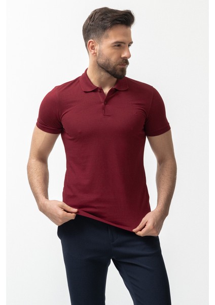 Düz Bordo Rengi Slim Fit Polo Yaka Basic Erkek T-Shirt fırsatları