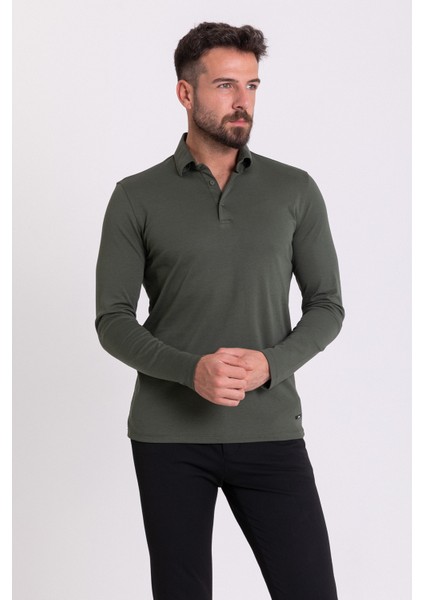 Düz Haki Rengi Slim Fit Uzun Kollu Polo Yaka Erkek T-Shirt