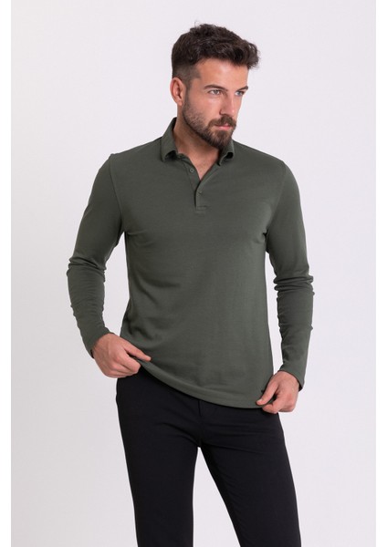Düz Haki Rengi Slim Fit Uzun Kollu Polo Yaka Erkek T-Shirt fiyatları
