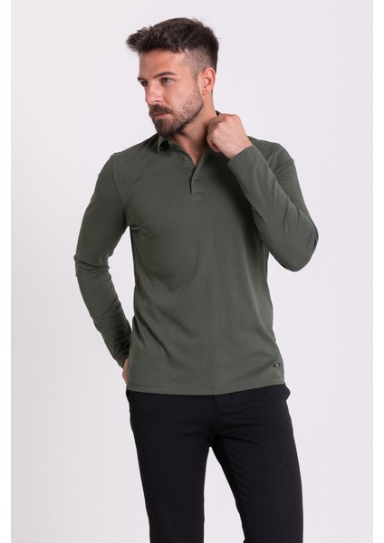 Düz Haki Rengi Slim Fit Uzun Kollu Polo Yaka Erkek T-Shirt modelleri