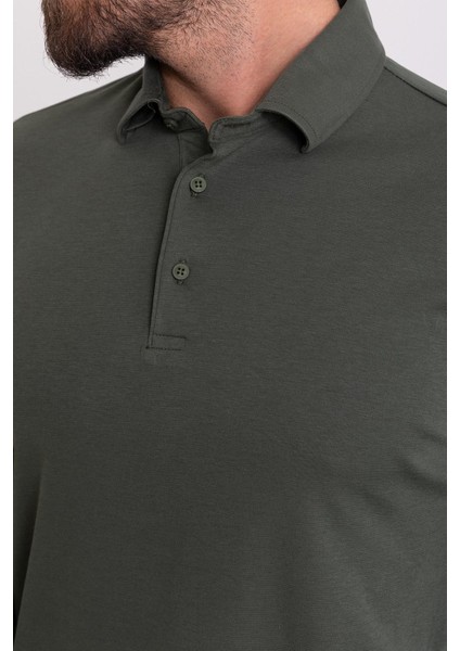 Düz Haki Rengi Slim Fit Uzun Kollu Polo Yaka Erkek T-Shirt indirimleri