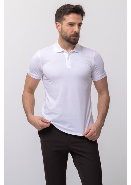 Düz Beyaz Renk Slim Fit Polo Yaka Basic Erkek T-Shirt