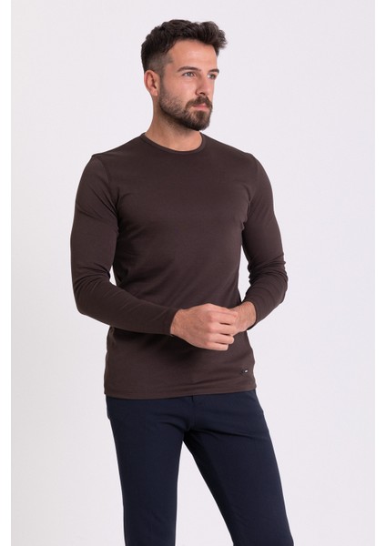 Düz Kahverengi Slim Fit Uzun Kollu Bisiklet Yaka Erkek T-shirt fiyatları