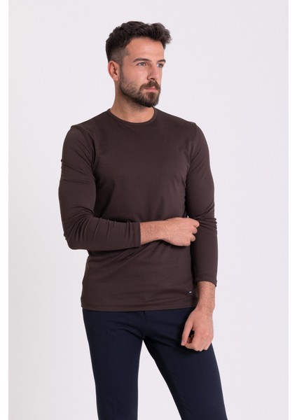 Düz Kahverengi Slim Fit Uzun Kollu Bisiklet Yaka Erkek T-shirt modelleri