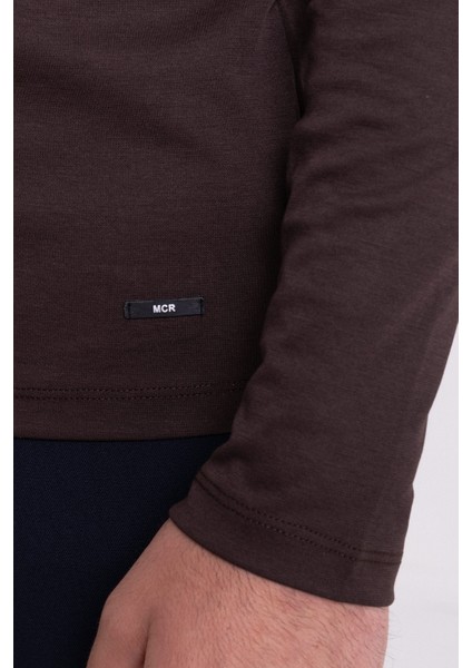 Düz Kahverengi Slim Fit Uzun Kollu Bisiklet Yaka Erkek T-shirt fırsatları