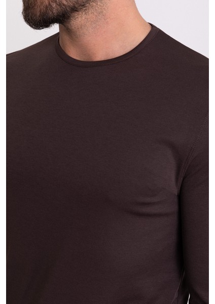 Düz Kahverengi Slim Fit Uzun Kollu Bisiklet Yaka Erkek T-shirt indirimleri