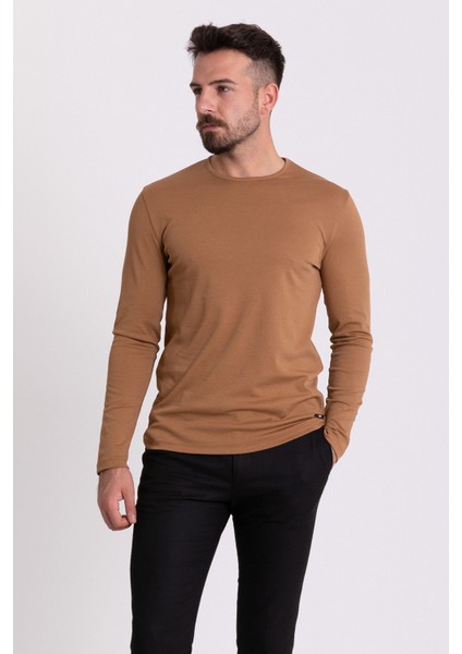 Düz Kamel Rengi Slim Fit Uzun Kollu Bisiklet Yaka Erkek T-shirt fırsatları