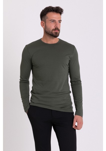 Düz Haki Rengi Slim Fit Uzun Kollu Bisiklet Yaka Erkek T-Shirt