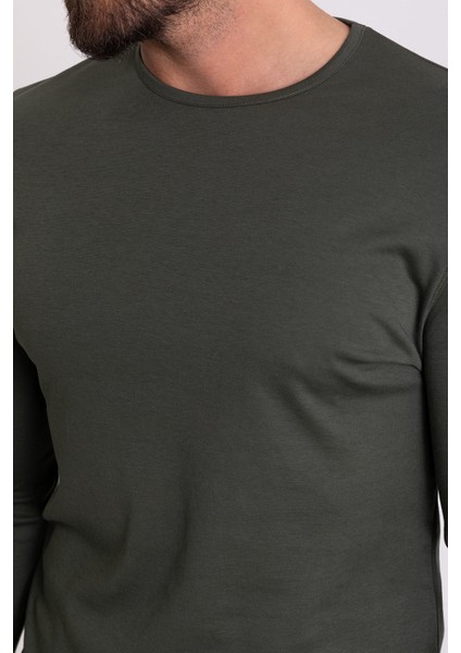 Düz Haki Rengi Slim Fit Uzun Kollu Bisiklet Yaka Erkek T-Shirt fırsatları