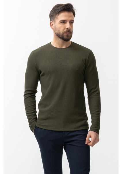 Haki Rengi Slim Fit Uzun Kollu Bisiklet Yaka Erkek T-shirt