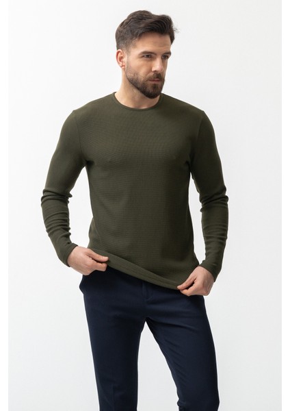 Haki Rengi Slim Fit Uzun Kollu Bisiklet Yaka Erkek T-shirt modelleri