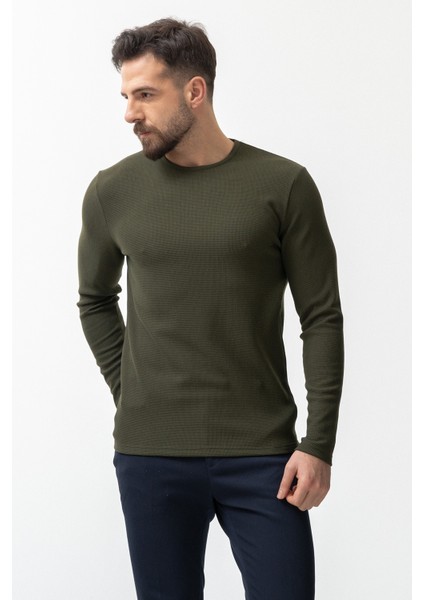 Haki Rengi Slim Fit Uzun Kollu Bisiklet Yaka Erkek T-shirt fırsatları