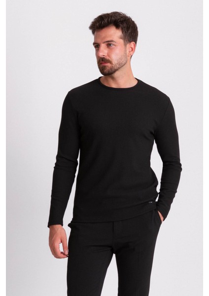 Siyah Renk Slim Fit Uzun Kollu Bisiklet Yaka Erkek T-shirt fiyatları