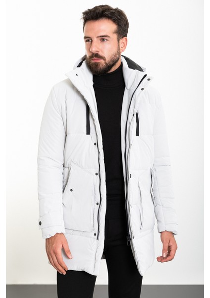 Düz Taş Rengi Slim Fit Fermuar Detaylı Kapüşonlu Erkek Kaban