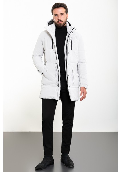Düz Taş Rengi Slim Fit Fermuar Detaylı Kapüşonlu Erkek Kaban modelleri