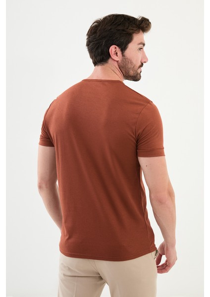Duz Kiremit Rengi Slim Fit Bisiklet Yaka Basıc Erkek T-shirt modelleri