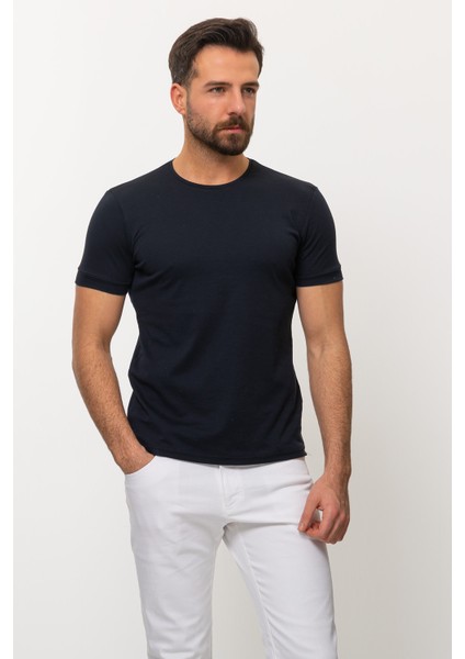 Duz Lacivert Renk Slim Fit Bisiklet Yaka Basıc Erkek T-Shirt