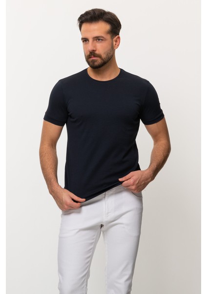 Duz Lacivert Renk Slim Fit Bisiklet Yaka Basıc Erkek T-Shirt modelleri
