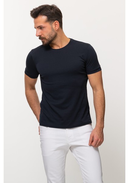 Duz Lacivert Renk Slim Fit Bisiklet Yaka Basıc Erkek T-Shirt fırsatları
