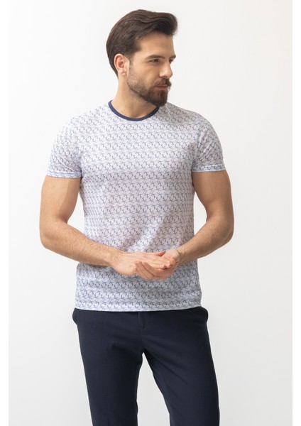 Desenli Mavi Renk Slim Fit Bisiklet Yaka Erkek T-shirt