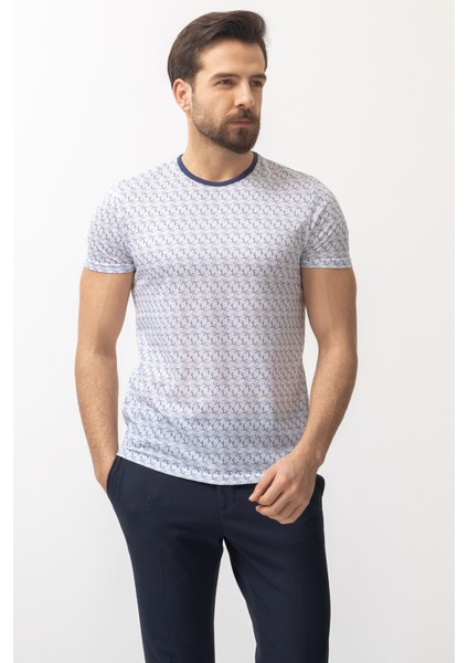 Desenli Mavi Renk Slim Fit Bisiklet Yaka Erkek T-shirt modelleri