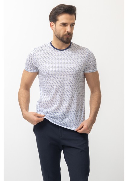 Desenli Mavi Renk Slim Fit Bisiklet Yaka Erkek T-shirt fırsatları