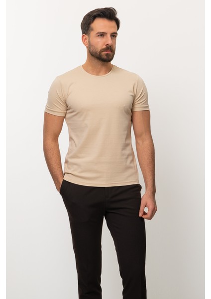 Duz Bej Rengi Slim Fit Bisiklet Yaka Basıc Erkek T-Shirt