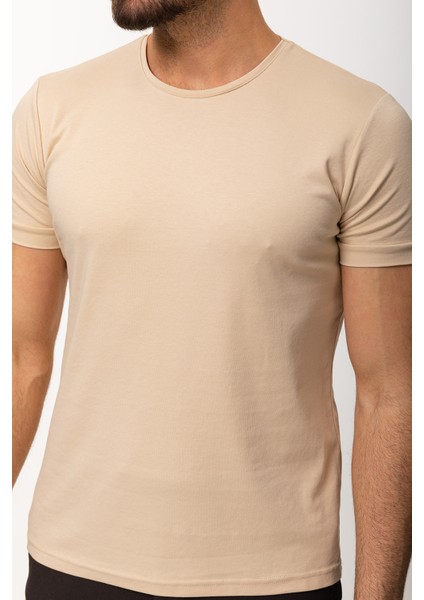 Duz Bej Rengi Slim Fit Bisiklet Yaka Basıc Erkek T-Shirt fiyatları