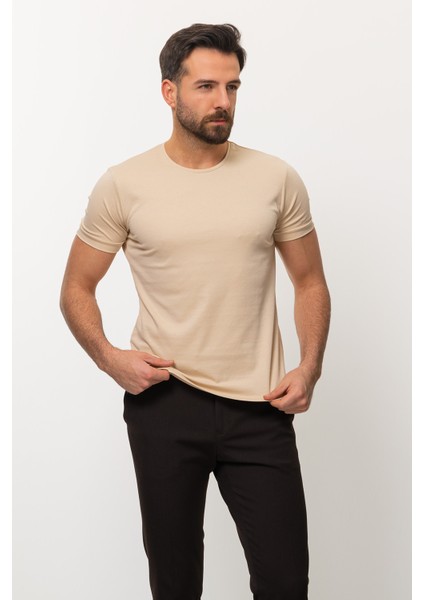 Duz Bej Rengi Slim Fit Bisiklet Yaka Basıc Erkek T-Shirt modelleri