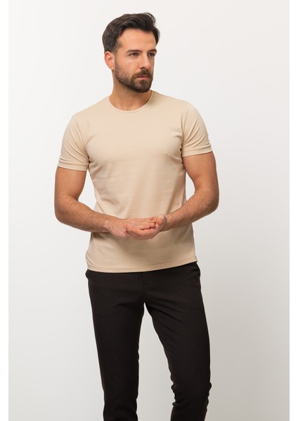 Duz Bej Rengi Slim Fit Bisiklet Yaka Basıc Erkek T-Shirt fırsatları
