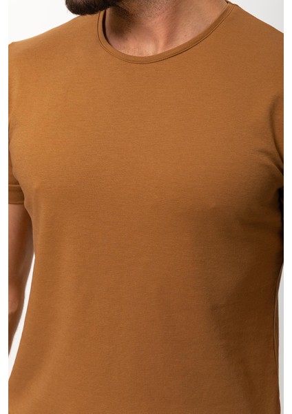 Duz Kamel Rengi Slim Fit Bisiklet Yaka Basıc Erkek T-Shirt fiyatları