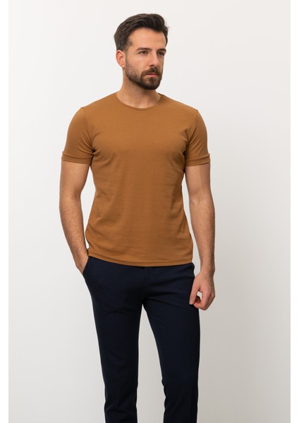 Duz Kamel Rengi Slim Fit Bisiklet Yaka Basıc Erkek T-Shirt modelleri