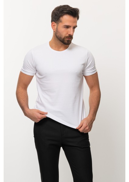 Duz Beyaz Renk Slim Fit Bisiklet Yaka Basıc Erkek T-Shirt modelleri