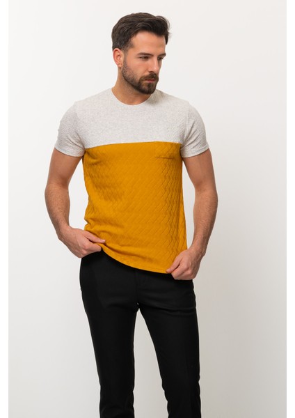 Parca Desenli Hardal Rengi Slim Fit Bisiklet Yaka Erkek T-shirt