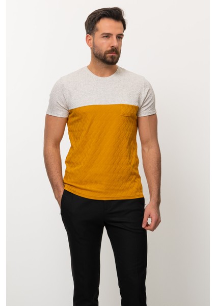 Parca Desenli Hardal Rengi Slim Fit Bisiklet Yaka Erkek T-shirt modelleri