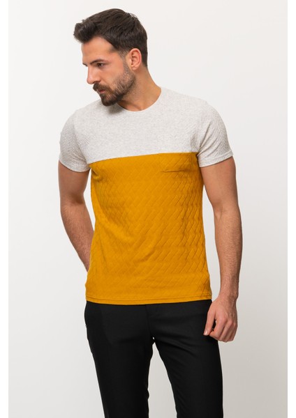 Parca Desenli Hardal Rengi Slim Fit Bisiklet Yaka Erkek T-shirt fırsatları