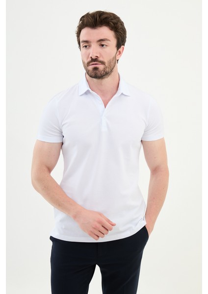 Duz Beyaz Renk Slim Fit Polo Yaka Erkek T-shirt