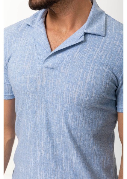 Desenli Mavi Renk Slim Fit Apaç Yaka Erkek T-shirt fiyatları