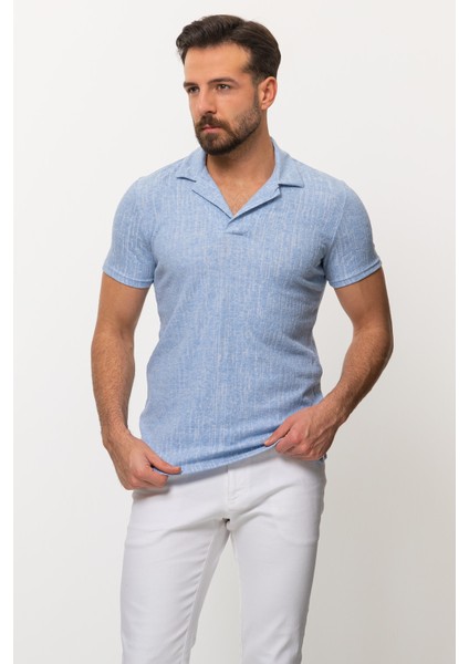 Desenli Mavi Renk Slim Fit Apaç Yaka Erkek T-shirt modelleri