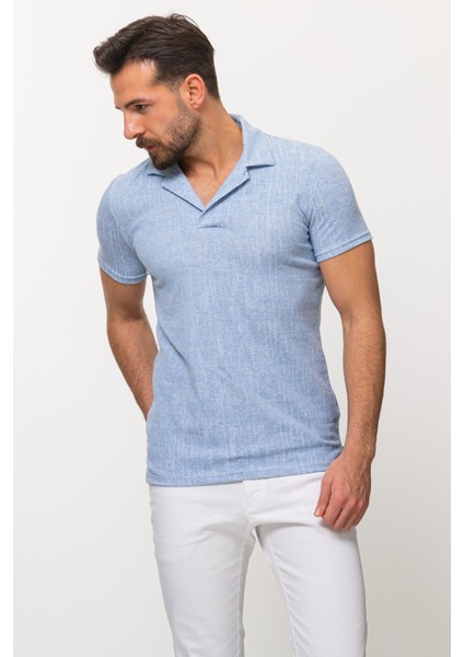 Desenli Mavi Renk Slim Fit Apaç Yaka Erkek T-shirt fırsatları