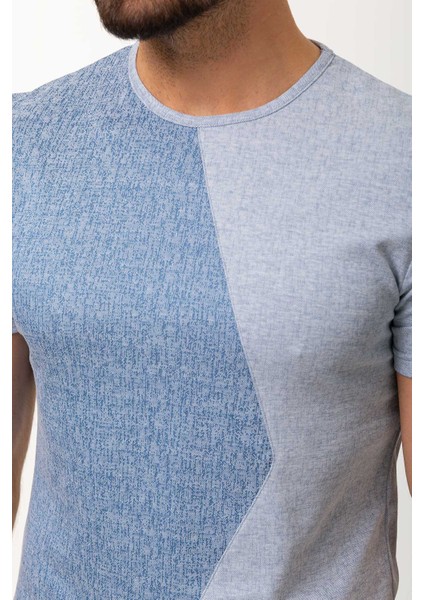 Parca Desenli Mavi Renk Slim Fit Bisiklet Yaka Erkek T-shirt
